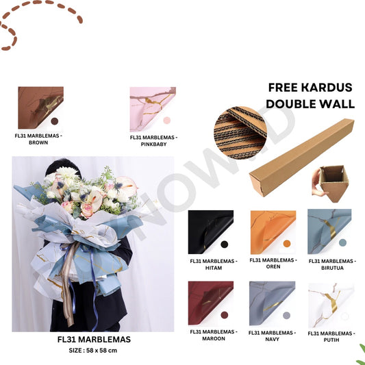 (5 LEMBAR) - FL31 MARBLEMAS Kertas Bunga Paper Buket Motif Marble Emas Florist Kado Cellophane